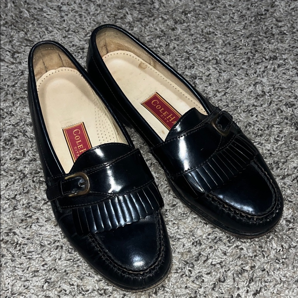 VINTAGE Cole Haan Black Patent Fringe Bit Loafers
